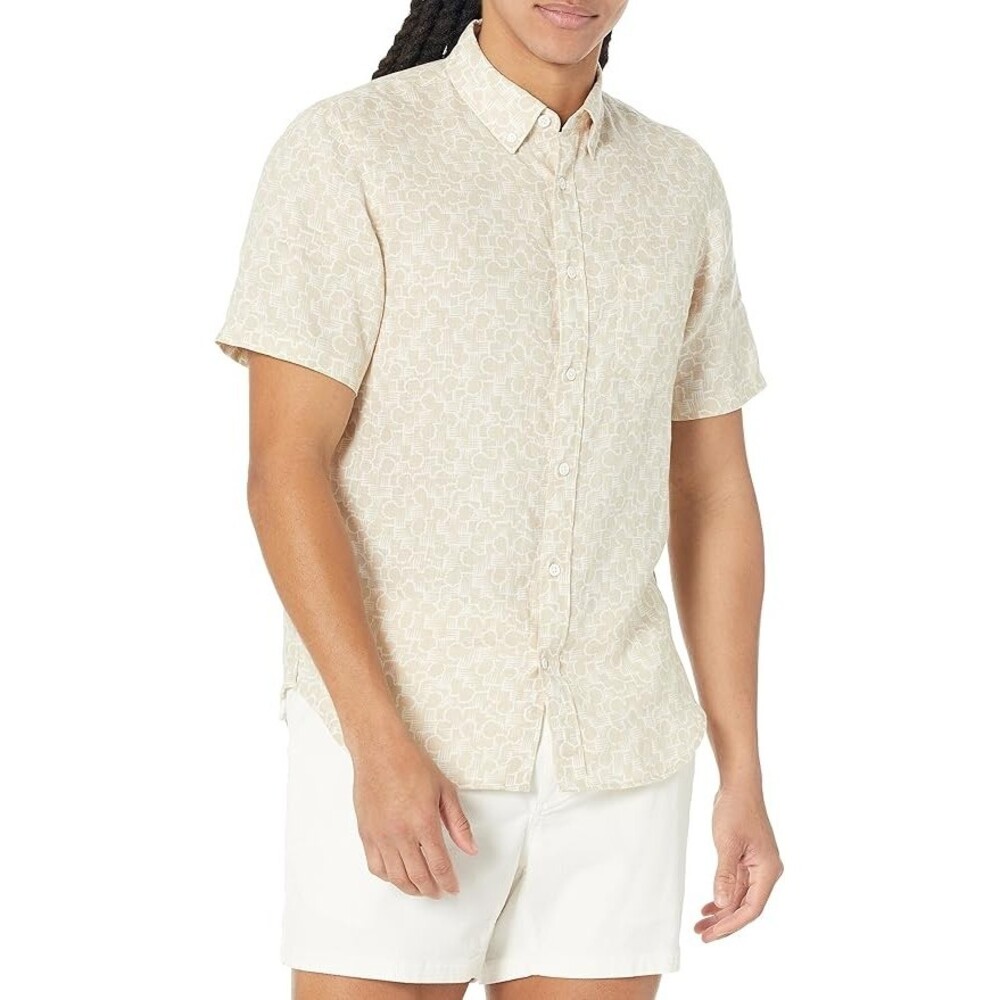 Club Monaco Slim Fit Men’s Size XL Tan 100% Linen Deco Print Button Down Shirt